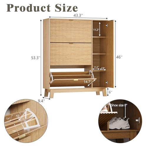 Image of Shoe Cabinet Storage for Entryway with 3 Flip Drawers & Side Cabinet, Fluted Narrow Shoe Organizer with Wooden Leg, Freestanding Shoe Storage Hidden Shoe Rack Organizer for Front Door Entrance, Oak