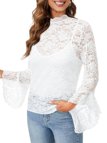 بلوزة انيقة من الدانتيل للنساء من فيرتيج، بلوزة شفافة باكمام طويلة وقبة وهمية، لون ابيض، مقاس XL
