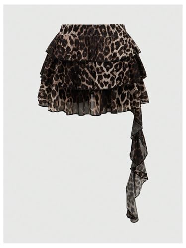 GORGLITTER Women's Plus Size Cheetah Ruffle Mini Skirt Y2K Layered Flowy Skirts with Underneath2