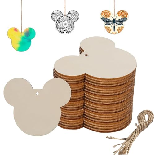 Wooden Mouse Head 30 Pcs Unfinished Wooden Gift Ornaments DIY Craft Birthday Present-Paintable Blank Natural Mouse Head with Hemp Rope for Kids Art Crafts DIY Gift Party Supplies-4inch