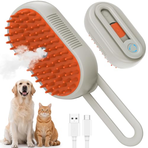 4 in 1 Pet Steam Brush for Shedding,Rechargeable cat brushes for indoor cats,Quiet Detangling Brush for Long Haired Cats and Dogs(Cream Color)