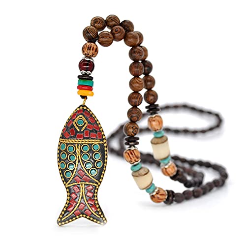 COLORFUL BLING Handmade Vintage Turquoise Wooden Beads Necklace Tibetan Carved Long Tassel Necklace for Women Wood Jewelry-fish