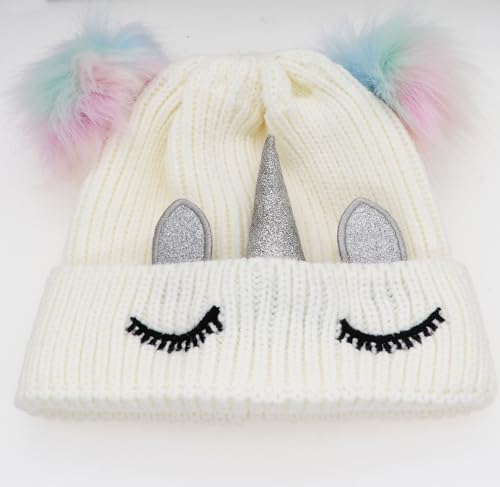 Kids Girls Toddlers Unicorn Winter Beanie Hat Flower Warm Knitted Ear Cap with Gold Horn4