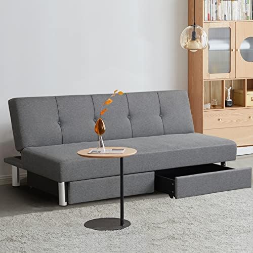 COSTWAY 3 Seater Convertible Sofa Bed, 3 Inclining Positions Linen Fabric Tufted Reclining Couch with Stainless Steel Legs, Upholstered Sofa Settee for Living Room Bedroom (with 2 Storage Drawers)