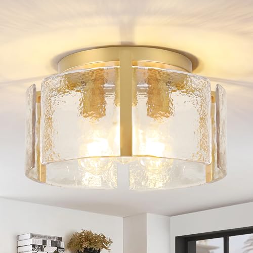ZXFDWB Modern Gold Semi Flush Mount Ceiling Light 3-Light Farmhouse Glass Drum Light Fixture Dimmable Ceiling Lighting for Foyer Kitchen Hallway Bedroom Dining Room