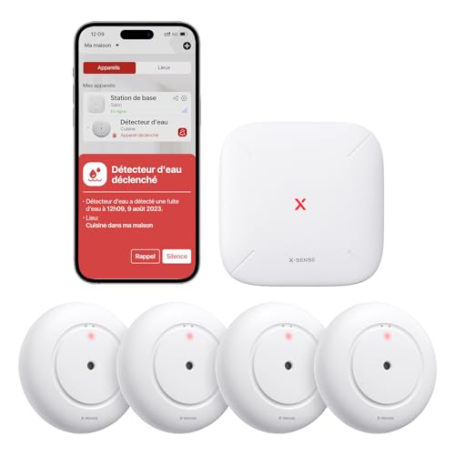 X-Sense Détecteur de Fuite d'eau Connecté avec Station de Base SBS50, Détecteur d'eau Wi-FI avec Alarme 110 DB, Portée Jusqu'à 500 m, Idéal pour Cuisines, sous-sols, Salles de Bains, SWS55