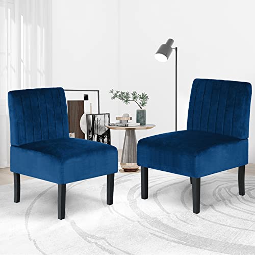 STHOUYN Mordern Velvet Armless Accent Chair Set of 2 Decorative Slipper Chair Vanity Chair for Bedroom Desk, Corner Side Chair Living Room Furniture White (2, Navy Blue)