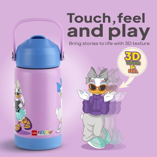 Image of CELLO Kidzbee Gen Alpha Stainless Steel Kids Flask Water Bottle 370 ml | 3D Daisy Duck Touch & Feel Design, Leakproof Lightweight Easy to Carry Hot and Cold Kids Flask Water Bottle For School & Travel