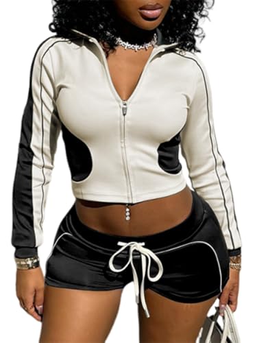 Uni Clau Two Piece Sets for Women Casual Long Sleeve Crop Top Zipper Jacket Shorts Set Workout Sets Lounge Set Tracksuit