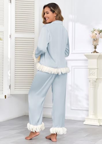 Image of Brosloth Womens Silk Pajamas Set Long Sleeve Satin Button Up Sleepwear | Cute Soft Fall Pjs Sets, Lace 2 Piece Lounge Set, Elegant Bridesmaid Pajama, Skin Friendly Sleepwear for Wedding, Honeymoon