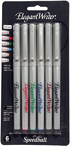 Speedball Elegant Writer Calligraphy 6 Marker Set, Assorted Colors, 3.0 mm Chisel Nib Tip Pens for Drawing, Journaling, and Scrapbooking