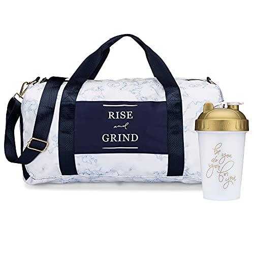 Gym Bag for Women with Shoe Compartment and Wet Pocket & 20 oz Motivational Shaker Bottle | Durable Lightweight Gym Duffle with Motivational Quote and Graphic Designs
