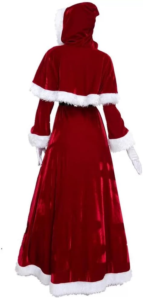 Christmas Women’s Mrs Claus Costume Set Christmas Cosplay Suit with Dress Hooded Cloak Cape Belt Gloves Outfits for Party - Image 5
