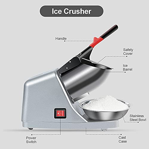 Electric Shaved Ice Machine 380W - 1500r/min Stainless Steel Three Blade Ice Crusher Snow Cone Machine Ice Shaver for Home and Commercial(Silver) - Image 3
