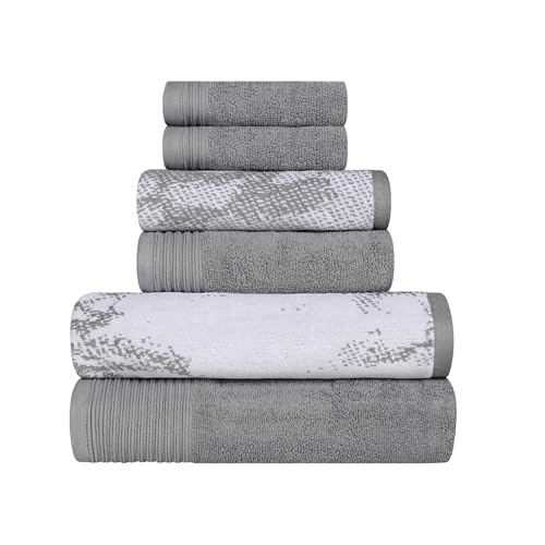 Superior Cotton Jaquard Absobent Marble Bath Towel Set, 6 Piece, Grey