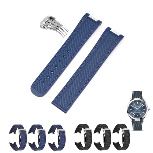20 mm Gummiband für Omega Aqua Terra 150 m mit Faltschließe, Ersatz-Uhrenarmbänder mit Verschluss für Omega Aqua Terra – mehrere Farben (Blau – Blau, Silber)