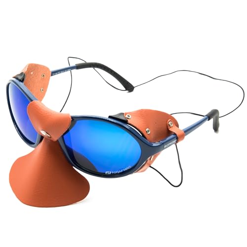 Expeditionsbrille mit Nasen- und Seiten- Lederschutz - Windschutzbrille als Strandbrille, Gletscherbrille, Safaribrille (Navyblau glänzend)