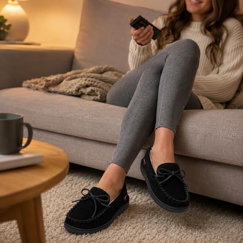 Image of Alpine Swiss Sabine Womens Moccasin Slippers Genuine Suede House Shoe Memory Foam Insole Plush Faux Shearling Fur Indoor Outdoor Anti-Slip Rubber Sole