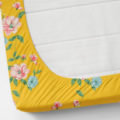 Image of KAWI King Size Microfiber All Over Elastic Fitted Double 220 TC Floral Bedsheet Cotton Feel (72 inchX78 inch X 6 inch) with 2 Pillow Covers, Color- Yellow Folral Print