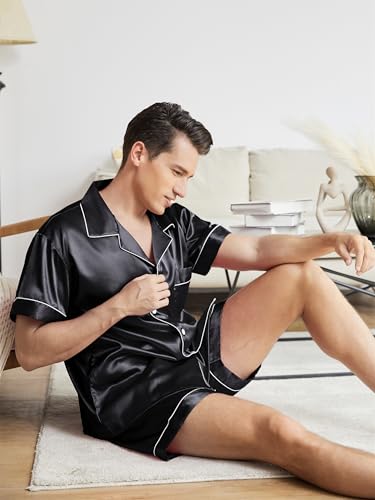 Mens Satin Pajamas Set Short Sleeve Button Down Sleepwear Silk Lounge Set Soft Two Piece PJs with Pockets 7