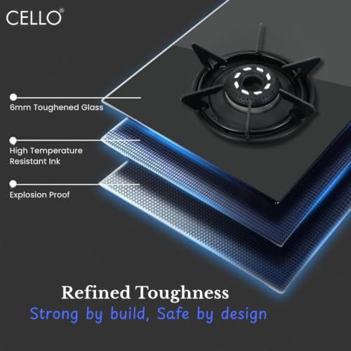 Image of Cello Dezire Plus 3 Burner Gas Stove | 6mm Toughened Glass | Manual Ignition | ISI Certified | Rapid Alloy Burnes | 1 Year Warranty | Hexa Pan Supports