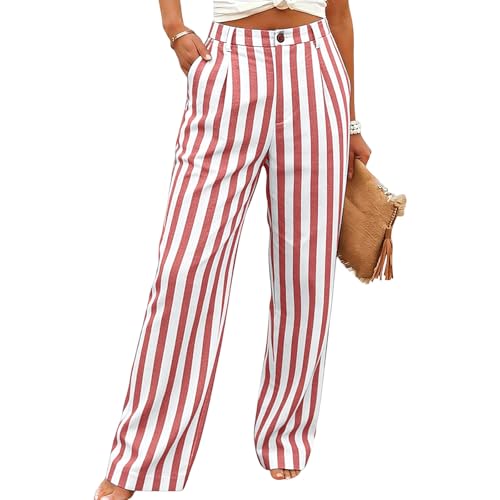 Fashion Striped Long Pants for Women, Cotton Baggy Wide Leg Trousers, Button High Waisted Summer Flowy Pants with Pockets Pink by Generic - Used condition - Image 2