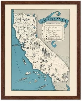 Poster Master California Travel Poster - Aqua Turquoise Vinateg Map Print - 8x10 Poster & Brown Frame Bundle image 2