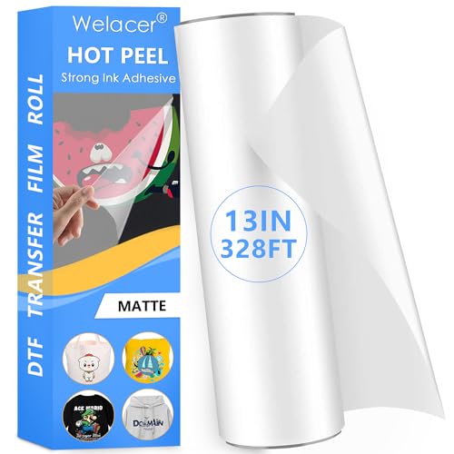 Welacer DTF Transfer Film Roll 13 Inch x 328 FT for Double-Side Matte Clear Pretreat Sheets PET Heat Transfer Paper for Inkjet Printer Direct Print on T Shirts Textile