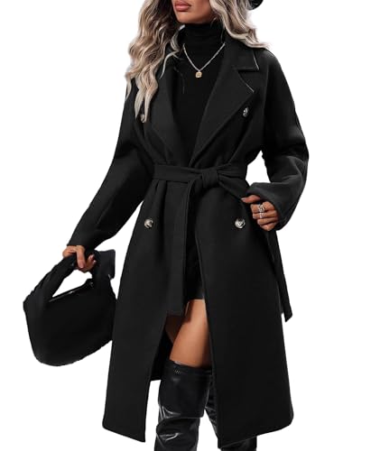 Sexyshine Women's Winter Double Breasted Trench Coat Notch Lapel Long Wool Pea Coat A Line Warm Overcoat with Belt(27373BL,L)