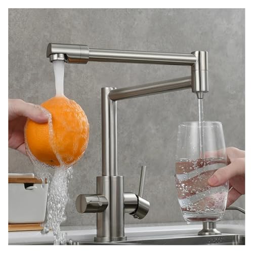 Grifo bimando de cobre puro con doble apertura y caño extensible para cocina moderna