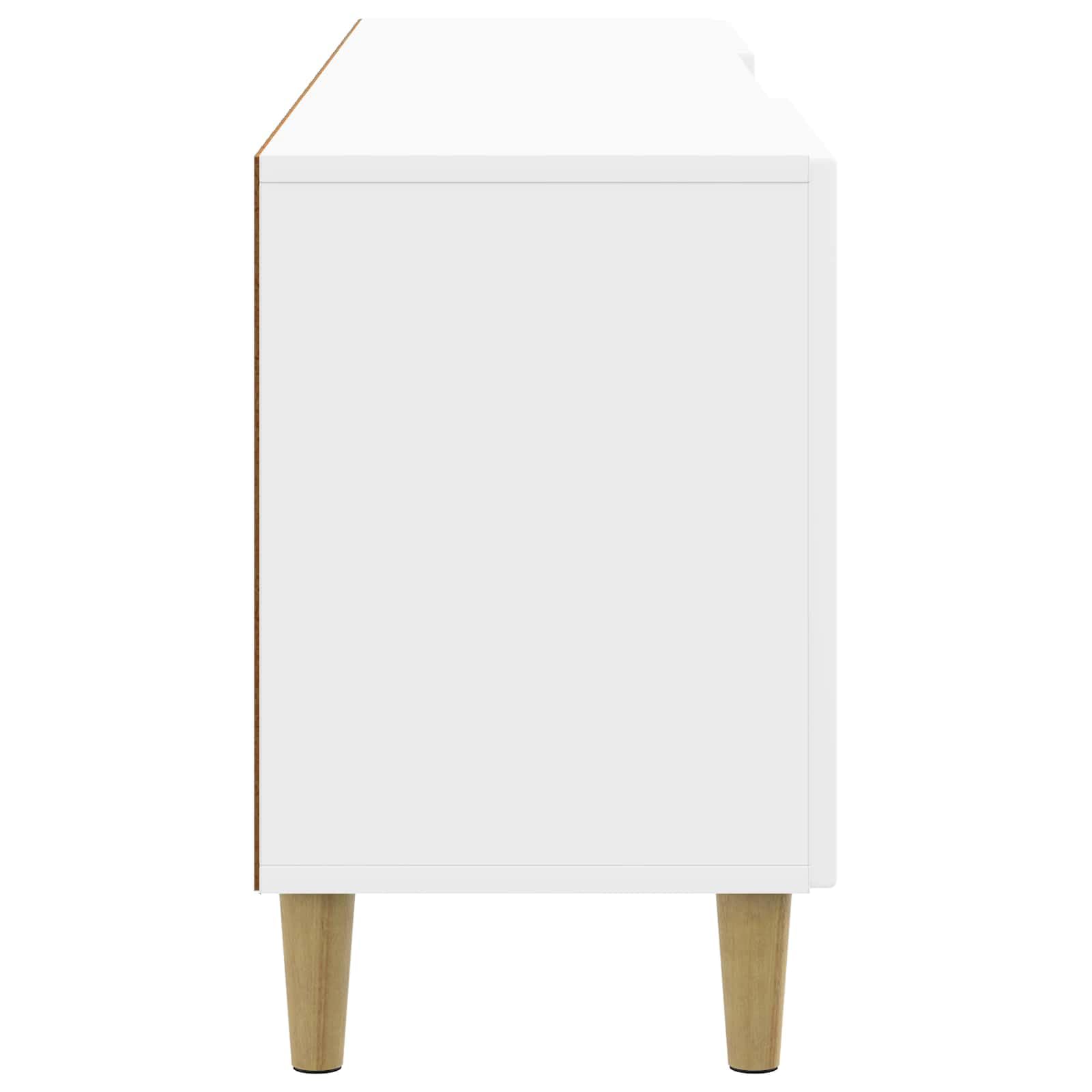 TV-Schränk Hochglanz Weiß aus Holzwerkstoff 150 x 31 x 50 cm mit 2 Schwenktüren und Brettregal, vielseitiger Fernsehtisch für Wohnzimmer, Stauraum für Mediengeräte und Gaming Zubehör