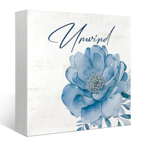 Mtrgdn Blue Bathroom Decor,Spa Bathroom Decor and Accessories,Unwind Blue Flower Wooden Box Sign for Home Spa Room Beauty Salon Decoration,5X5 Inch