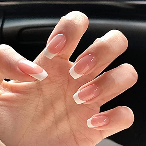 24Pcs Press On Nails Short French Fake Nails Glue On Nails Glossy Coffin Acrylic Nails Nude Pink French Tips Nails False Nails With Glue Square Head Full Covers Stick On Nails For Women And Girls #TOP19