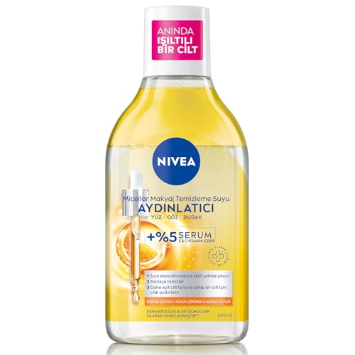 NIVEA Micellar Aydınlatıcı Makyaj Temizleme Suyu 400 ml,Suya Dayanıklı Makyajı Çıkarır,Ovalama Gerektirmez,Serum İçerikli,C Vitamini,E Vitamini,
