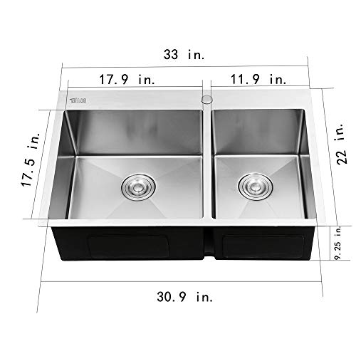 Tuffiom Topmount 33-inch Double Bowl 16 Gauge Stainless Steel Kitchen Sink w/Strainer, Scratch