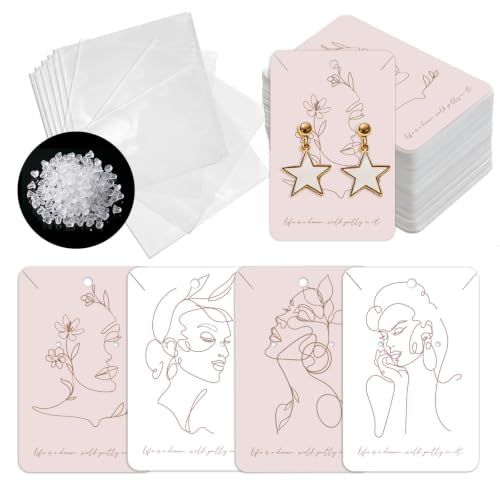 OLYCRAFT Juego de 120 tarjetas de presentación para pendientes, línea abstracta para mujer, pendientes, tarjetas, 90 x 60 mm, joyas bohemias, tarjetas de presentación con bolsas autoadhesivas