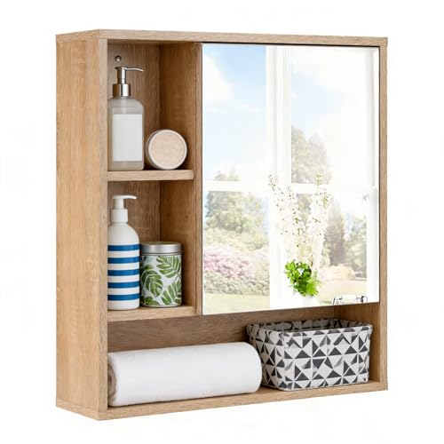 LIFEZEAL Armadietto da Parete per Bagno con Specchio, Mobiletto per Bagno con Mensola Regolabile e Rimovibile, Compartimento Aperto, Porta a Specchio, per Soggiorno, Ingresso, 55 x 16 x 61 cm