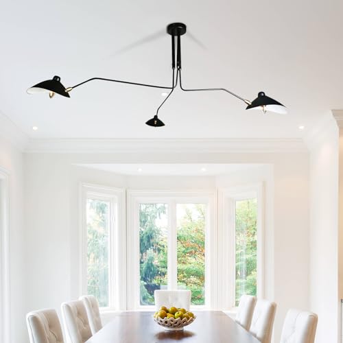 63 Mid-Century Modern Chandelier, Matt Black Adjustable 3-Arms Large Pendant Lighting Fixture for Bedroom Dining Room Living Room Kitchen Island 3-Light