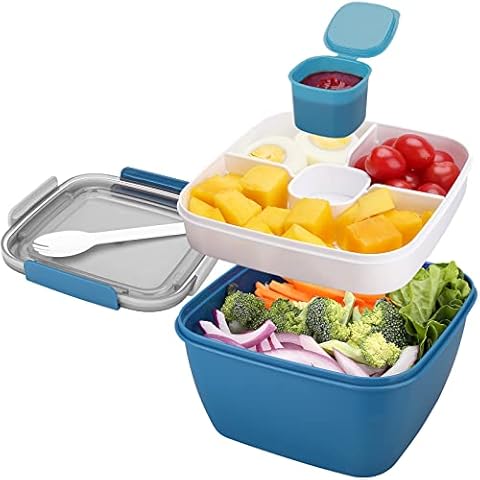 Bento Box Salad Lunch Containers with Compartments,Salad Bowl with Bento-Style Tray and Dressing Sauce Container,Leak-Proof Lunch Box for Kids & Adults,BPA-Free and Food-Safe Materials(Blue) Cover