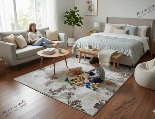 Image of 5x7 Feet (150x210 CM) Carpet for Living Room Hall & Bedroom - Beige Tumbled Modern Abstract Geometric Silk-Touch Luxury Hotel-Style Washable Anti-Skid Turkish Area Rug