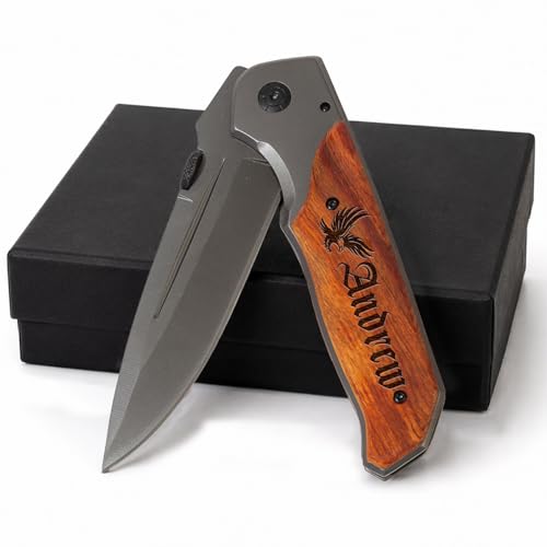 Personalized Pocket Knife for Men, Custom Engraved Folding Knife with Walnut Wood Handle, Stainless Steel Blade, Pocket Clip, Secure Lock, 8.8 Inch Gift for Dad, Husband, Grandpa, Boyfriend, Camping, Hunting, Fishing, Everyday Carry