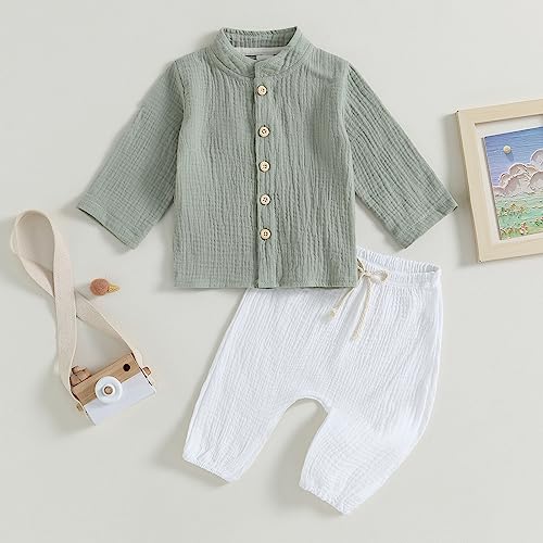 Image of VISGOGO Toddler Boy Linen Outfit Baby Boy Fall Winter Clothes Set Button-Down Shirt Tops Cotton Linen Pants 2PCS