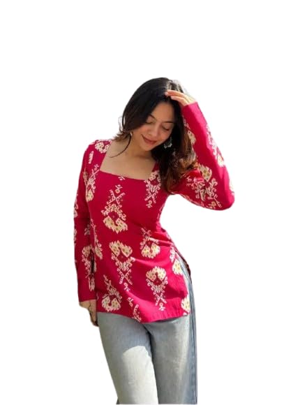 Image of Women Pure Cotton Floral Printed Short Kurti | Square Neck | Full Sleeves | Stylish Ethnic Kurta | Back Tie-Up | Casual Wear Kurta