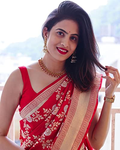 Image of Flosive Ayn Women's Present Banarasi Soft Lichi Silk Saree Beautiful Jacquard Rich Pallu Design Work Zari Woven Kanjivaram Silk Style Saree With Soft Lichi Silk Blouse Piece (White & Red)