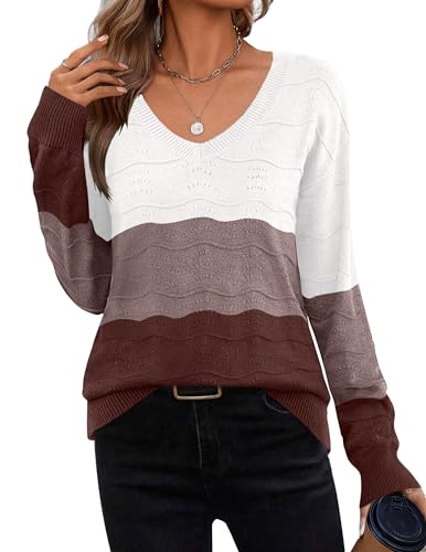 Zeagoo Womens Sweaters Fall Casual Long Sleeve V Neck Shirts Lightweight Crochet Ribbed Knit Pullover Tops Outfits
