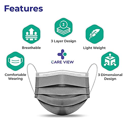Image of CARE VIEW CV2992, SITRA Approved, 3 Ply Colored Disposable Surgical Mask With Built in Metal Nose Pin and 1 Melt Blown Layer (Pack of 400, Grey)