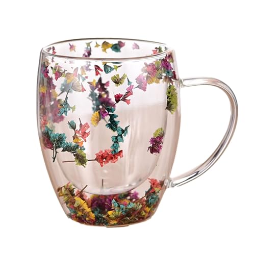 KeyoGoS Tasse en verre à double paroi en forme de fleur séchée, 350 ml, tasse à café isotherme avec poignée, tasse à thé en verre transparent résistant à la chaleur, tasse à thé créative, cadeau