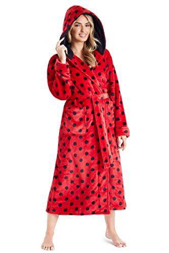 CityComfort Bata Mujer Invierno con Capucha, Batas de Casa de Forro Polar (Rojo/Negro, M)