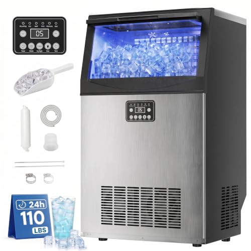 Uthfy Commercial Ice Maker 110lbs/24H, Stainless Steel Under Counter Ice Machine, 36 Ice Cubes in 14 Mins, 33lbs Storage, Self-Clean &amp; Water Filter, Freestanding Ice Machine for Home Bar,Cafe,ETL