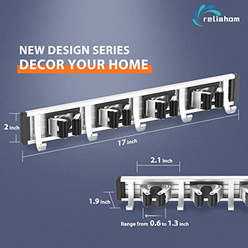 Image of reliahom Broom Holder Wall Mount Mop Hanger Tools organizer 4Racks 5Hooks | Adjustable Mop Broom Wall Hanging Heavy duty Tools Storage Rack Space-saving for Garage,Kitchen,Laundry Room,Garden, Black